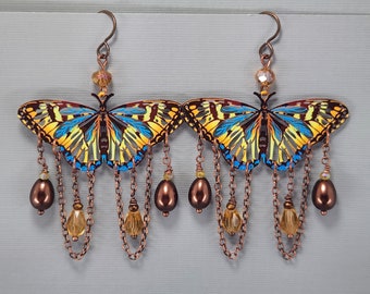 Butterfly Earrings Brown Yellow Blue Butterfly Filigree Earrings Long Dangle Earrings Chandelier Earrings Victorian Butterfly Earrings