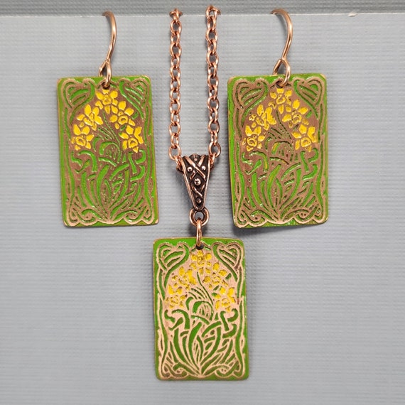 Celtic Daffodil Jewelry Hand Painted Etched Recycled Copper You Choose Earrings Necklace or Set