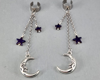 Man in the Moon Ear Cuff Purple Hematite Stars Silver Moon No Piercing Earrings Pair or Single