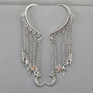 Ear Cuffs Ear Wraps Moon and Stars Ear Cuff Dangle Moon Ear Wrap No Piercing Earrings Silver Moon Cuff Silver Hematite Beads Single or Pair