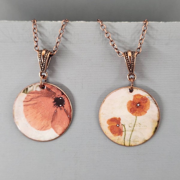 Poppy Necklace Red Poppy Necklace Flanders Poppy Jewelry Springtime Flower Jewelry Torch Enameled Torch Decaled Recycled Copper