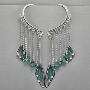 Teal Dragonfly Fairy Wing Ear Cuffs: Dangle No Piercing Earrings Pair or Single