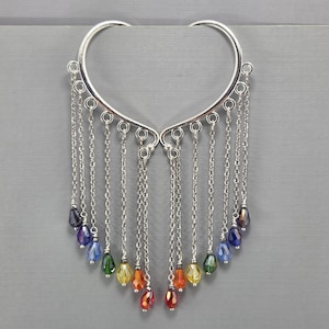 Rainbow Crystal Dangle Ear Cuff: Silver Pride Ear Wrap No Piercing Earrings Pair or Single