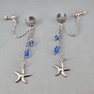 Zeesteroormanchet met piercing Star Fish-oormanchet Dangle Ear Cuff Zilveren zeesteroormanchet Sterling stekers blauwe glaskralen enkel/paar