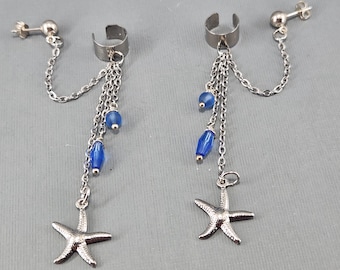Zeesteroormanchet met piercing blauwe glaskralen Zilveren stervis sterlingoorknopjes paar of enkel