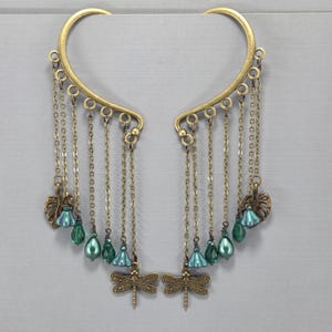Ear Cuffs Ear Wrap Brass Dragonfly Dangle Ear Cuff No Piercing Earrings Glass Pearls Glass Crystal Beads Antiqued Brass Chain Pair or Single