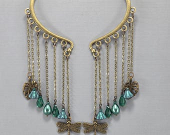 Brass Dragonfly Ear Cuffs: Teal Crystal & Flower Beads, No Piercing Pair or Single