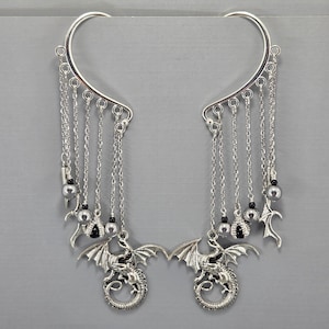Ohrmanschetten Ohr Wraps Drachen Ohr Cuff Dangle Ohr Wrap große Silber Dragon Cuffs kein Piercing Ohrringe Hämatit Perlen Silber Kralle Silber Spike