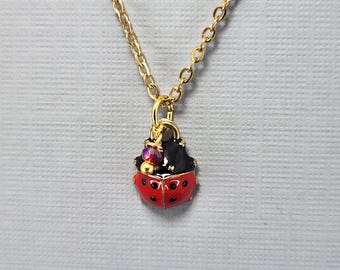 Ladybug Minimalist Charm Necklace Gold Lady Bug with Tiny Crystal