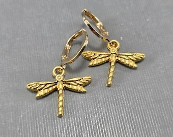 Gold Dragonfly Lever Back Earrings Huggie Hoops Pair or Single