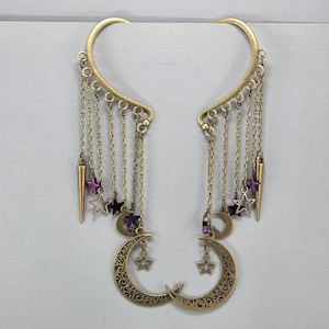 Filigree Moon Star Ear Cuffs: Antiqued Brass Hematite Dangle, No Piercing Pair or Single