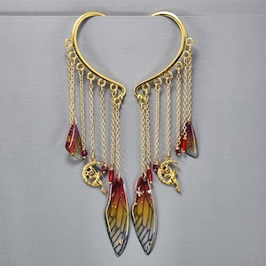 Puños para las orejas, envolturas para las orejas, envoltura para las orejas colgante, envoltura para las orejas de hada dorada, envoltura para las orejas de ala de hada roja, aretes sin perforación, cuentas de cristal de vidrio, par o individual