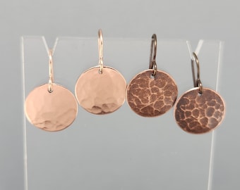 5/8" Hammered Copper Earrings Copper Hammer Texture Earrings Round Earrings Recycled Copper Earrings Bright Shiny Copper Oxidized Copper