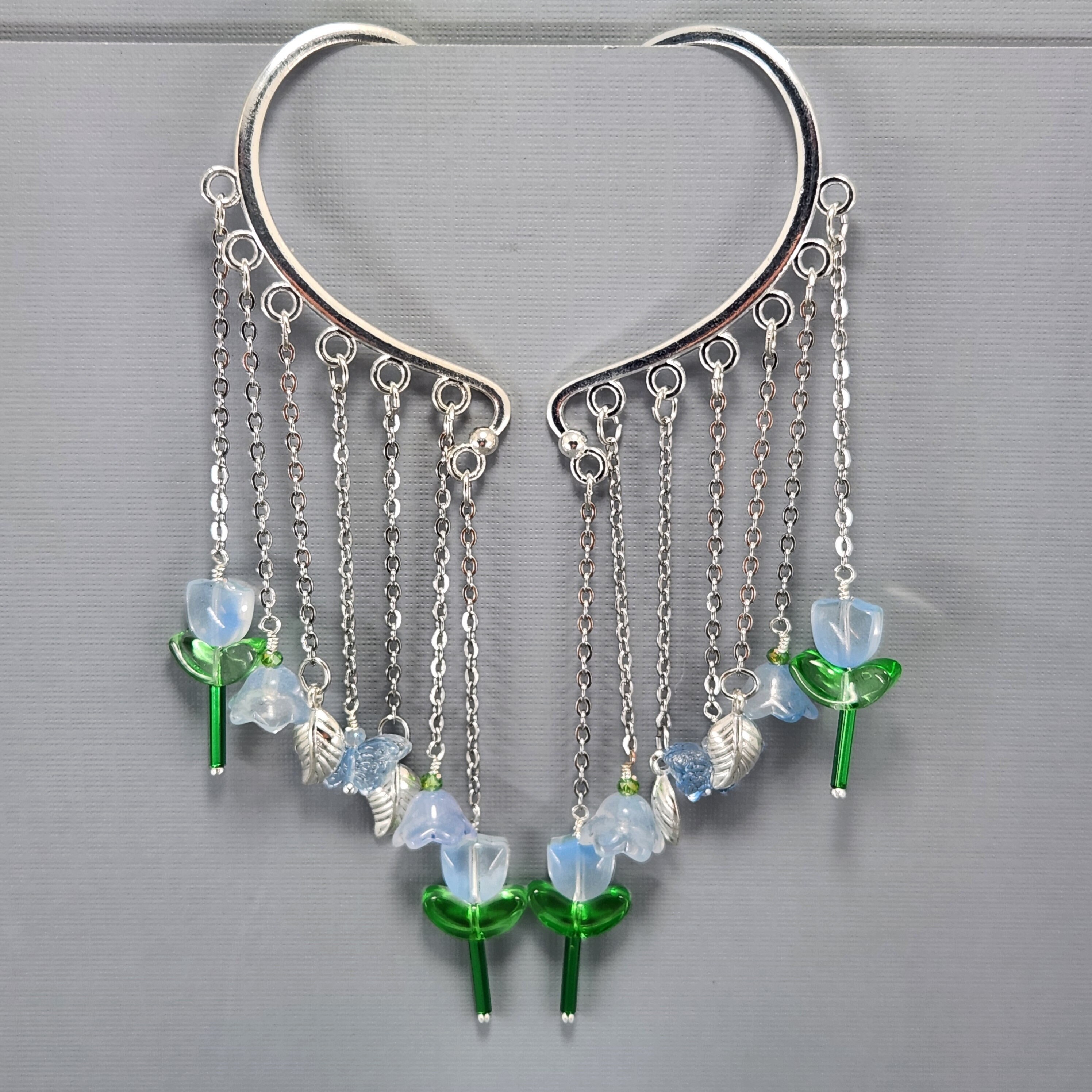 Blue Floral Tulip Ear Cuff, Silver Chain Ear Wrap, No Piercing
