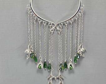 Dragon Ear Cuff: Dangle Claws, Green Crystal Charms, No Piercing Pair or Single