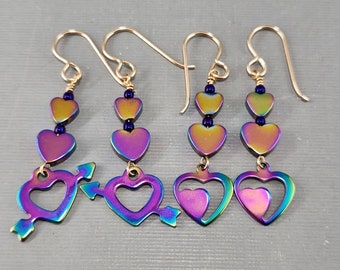 Valentine Earrings Hematite Heart Earrings Iridescent Heart Earrings Electroplated Steel Rainbow Heart Earrings Gold Filled Ear Wires