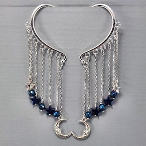 Ear Cuffs Ear Wrap Dangle Ear Cuff Moon and Stars Ear Wrap Cuffs No Piercing Earrings Silver Moon Blue Hematite Stars One Pair or Single