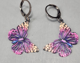 Pink Black Butterfly Lever Back Earrings Filigree Huggie Hoops