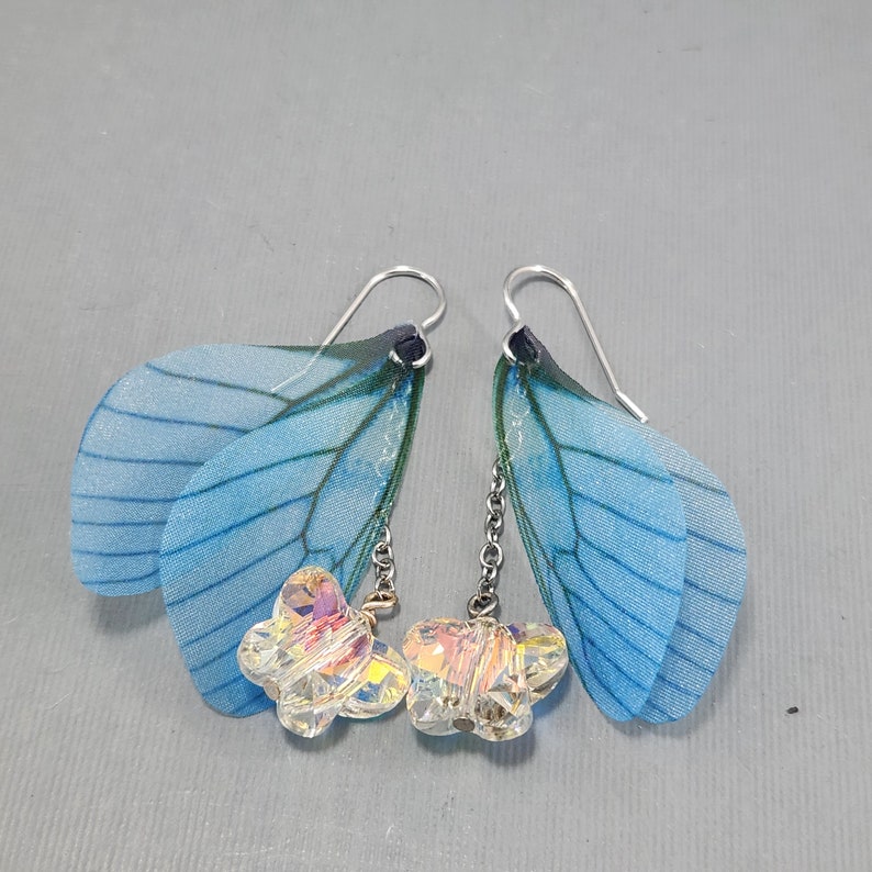 Fairy Wing Earrings Dragonfly Wings Earrings Blue Fairy Wing Earrings Butterfly Crystal Earrings Blue Teardrop Crystal Earrings Dangle Wings image 5