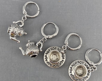 Silver Tea Party Lever Back Earrings Huggie Hoops Mix and Match Pair or Single