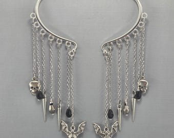 Silver Vampire Bat and Skull Ear Cuffs Halloween Ear Wraps No Piercing Earrings Pair or Single
