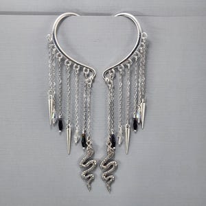 Ear Cuffs Ear Wrap Dangle Ear Cuffs Silver Snake Ear Wrap No Piercing Earrings Clear Glass Crystals Black Glass Crystals Pair or Single