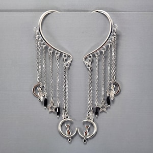 Ear Cuffs Ear Wrap Dangle Ear Cuff Cat on the Moon and Stars Ear Wrap Cuffs No Piercing Earrings Silver Moon Silver Cat One Pair or Single