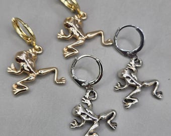 Leaping Frog Lever Back Huggie Hoop Earrings Gold or Silver Pair or Single