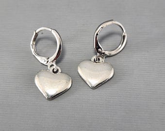 Silver Heart Lever Back Huggie Hoop Earrings Pair or Single