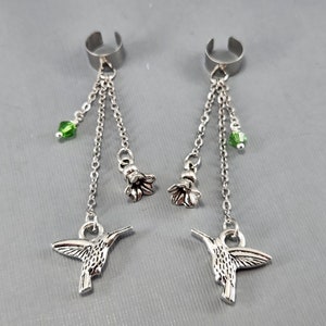 Ear Cuff Hummingbird Ear Cuff Flower Ear Cuff Dangle Ear Cuff Green Crystal Silver Hummingbird Ear Cuff  Non Piercing Earrings Pair  Single