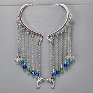 Ear Cuffs Ear Wraps Sea Turtle Ear Cuff Dolphin Ear Cuff Dangle Ear Wrap No Piercing Earrings Ocean Colors Crystal Beads Pair or Single