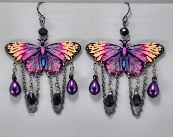Butterfly Earrings Purple Black Butterfly Filigree Earrings Long Dangle Goth Earrings Chandelier Earrings Victorian Butterfly Earrings