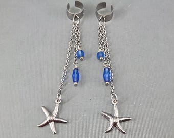 Starfish Ear Cuff Blauw glas Zilveren Star Fish Oorbellen zonder piercing, paar of los