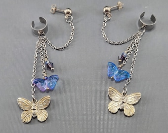 Butterfly Ear Cuff with Piercing Purple Blue Glass Silver Butterfly Sterling Stud Earrings Pair or Single