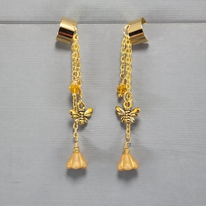 Ear Cuff Bumble Bee Ear Cuff Honey Yellow Beads Ear Cuff Long Dangle Ear Cuff Yellow Flower Ear Cuff Non Piercing Earrings Pair or Single