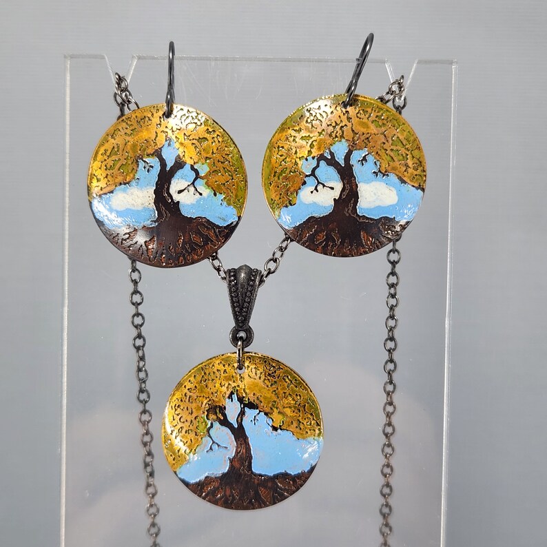 Tree of Life Necklace Tree of Life Earrings Tree of Life Set Blue Sky Etched Recycled Copper Jewelry image 6