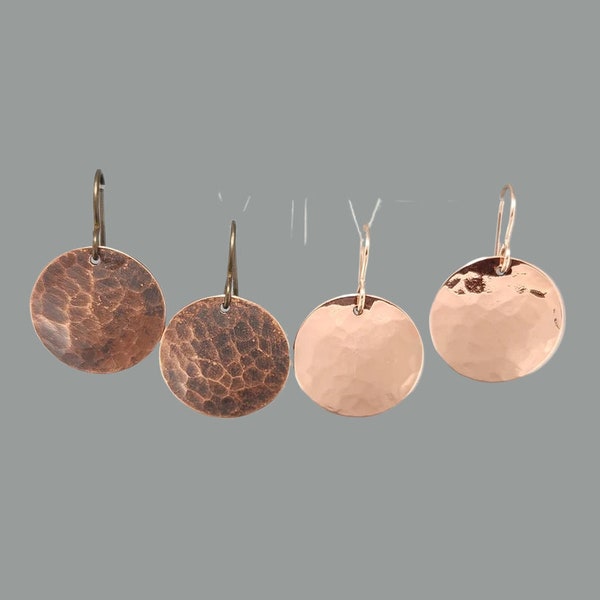 3/4" Hammered Copper Earrings Copper Hammer Texture Earrings Round Earrings Recycled Copper Earrings Bright Shiny Copper Oxidized Copper