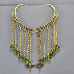 Ohrmanschetten Ohr wickelt Libelle Ohrmanschette Gold Libelle Ohr wickeln Manschetten kein Piercing Ohrringe Grün Glasblume Perlen Paar oder Einzeln