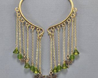 Gold Dragonfly Ear Cuffs: Green Glass Flower Beads, No Piercing Pair or Single