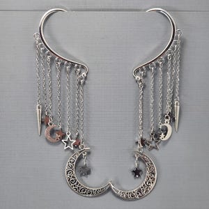 Ear Cuffs Ear Wraps Moon and Stars Ear Wrap Hangende Ear Cuff Filigraan Maan Geen piercing oorbellen Zilveren maan Hematiet kralen paar of enkel