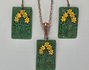 Celtic Daffodil Jewelry Hand Painted Etched Recycled Copper You Choose Earrings Necklace or Set