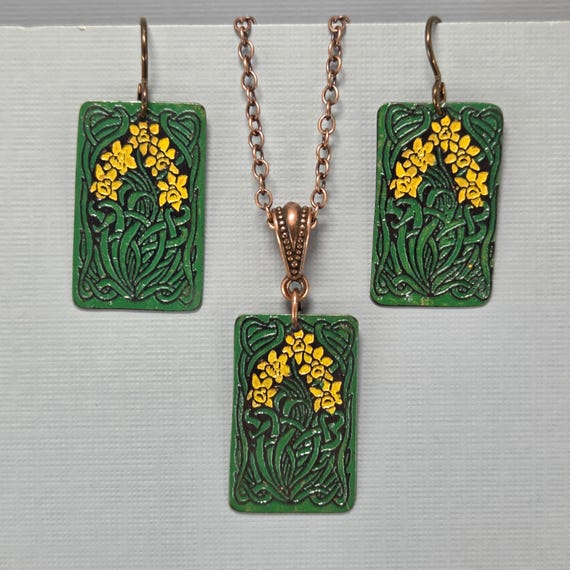 Celtic Daffodil Jewelry Hand Painted Etched Recycled Copper You Choose Earrings Necklace or Set