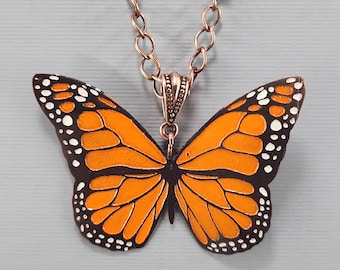 Monarch Butterfly Necklace Orange Monarch Butterfly Pendant Hand Painted Copper Necklace Etched Copper Necklace Recycled Copper Necklace