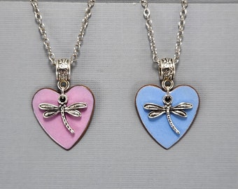 Silver Dragonfly Necklace Pink Heart Necklace Blue Heart Necklace Recycled Copper Necklace Torch Enameled Necklace Valentine Necklace