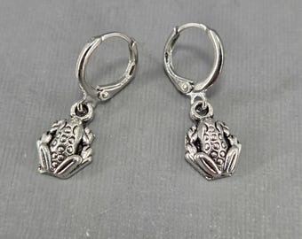 Frog Lever Back Silver Huggie Hoop Earrings Pair or Single