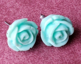 Earrings Rose Aqua Blue Resin Flower Pierced Stud Accessory Jewelry E2