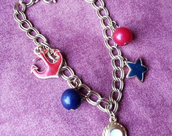 Vintage Nautical Boating Sailing Cruise Anchor Patriotic Theme Charm Bracelet Gold Tone Double Link BR1
