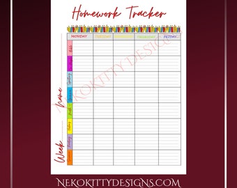 Student Homework Tracker Chart PDF PRINTABLE for Homeschool, School Homework, Planner
