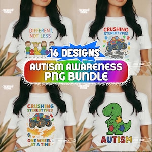 Autismebewustzijn png-bundel | 16 Digital Design Collection voor dtf, dtg, sublimatie | Puzzelstukje, acceptatie, afbeeldingen neurodiversiteit