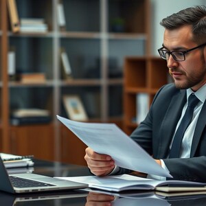 Puede incluir: Un hombre con traje oscuro y corbata est&aacute; sentado en un escritorio, revisando documentos. Lleva gafas y tiene barba. Un ordenador port&aacute;til est&aacute; abierto en el escritorio frente a &eacute;l.